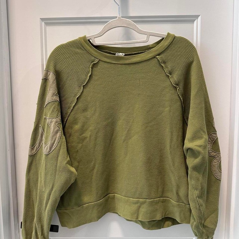 Free People Green Thermal Waffle Knit Long Sleeve Embroidered Top Medium